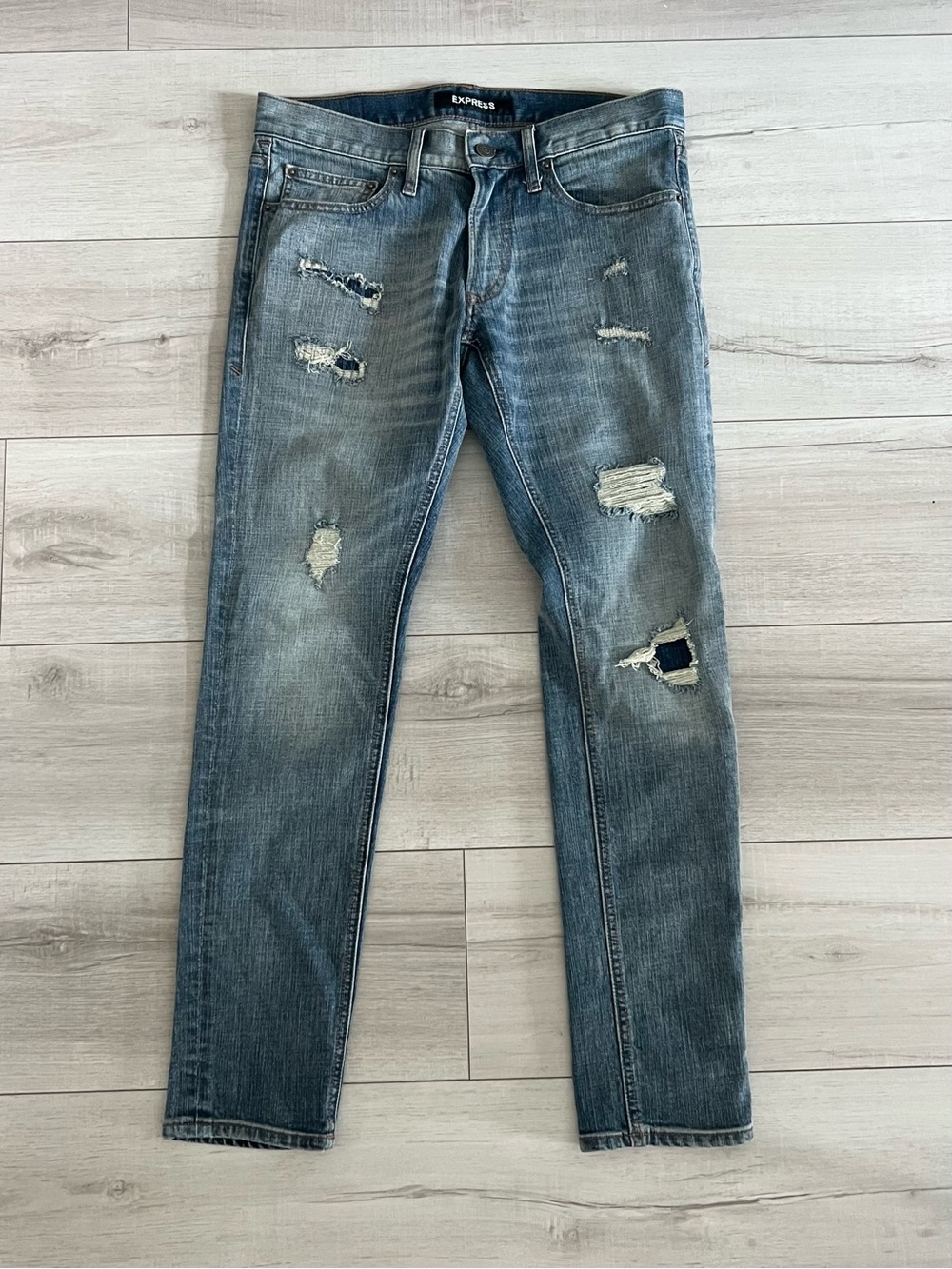 Express Men's Stretch Skinny Ripped Jeans - Faded Blue
